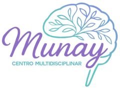 Logotipo para Munay Centro Multidisciplinar con un icono de cerebro y árbol en tonos pastel de morado y verde azulado.